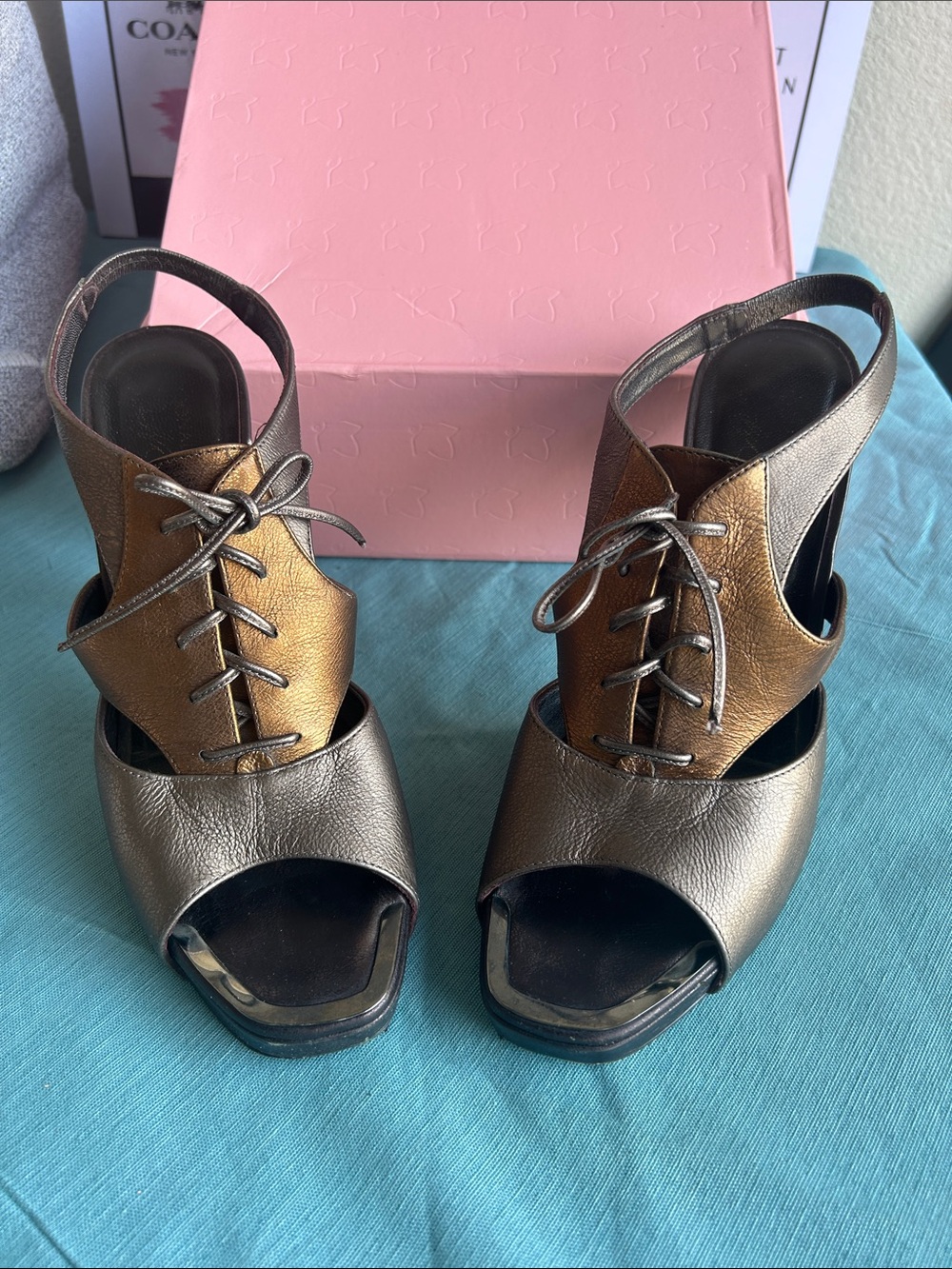 Donald J. Pliner Metallic Bronze and Gold Lace-Up Slingback Heels